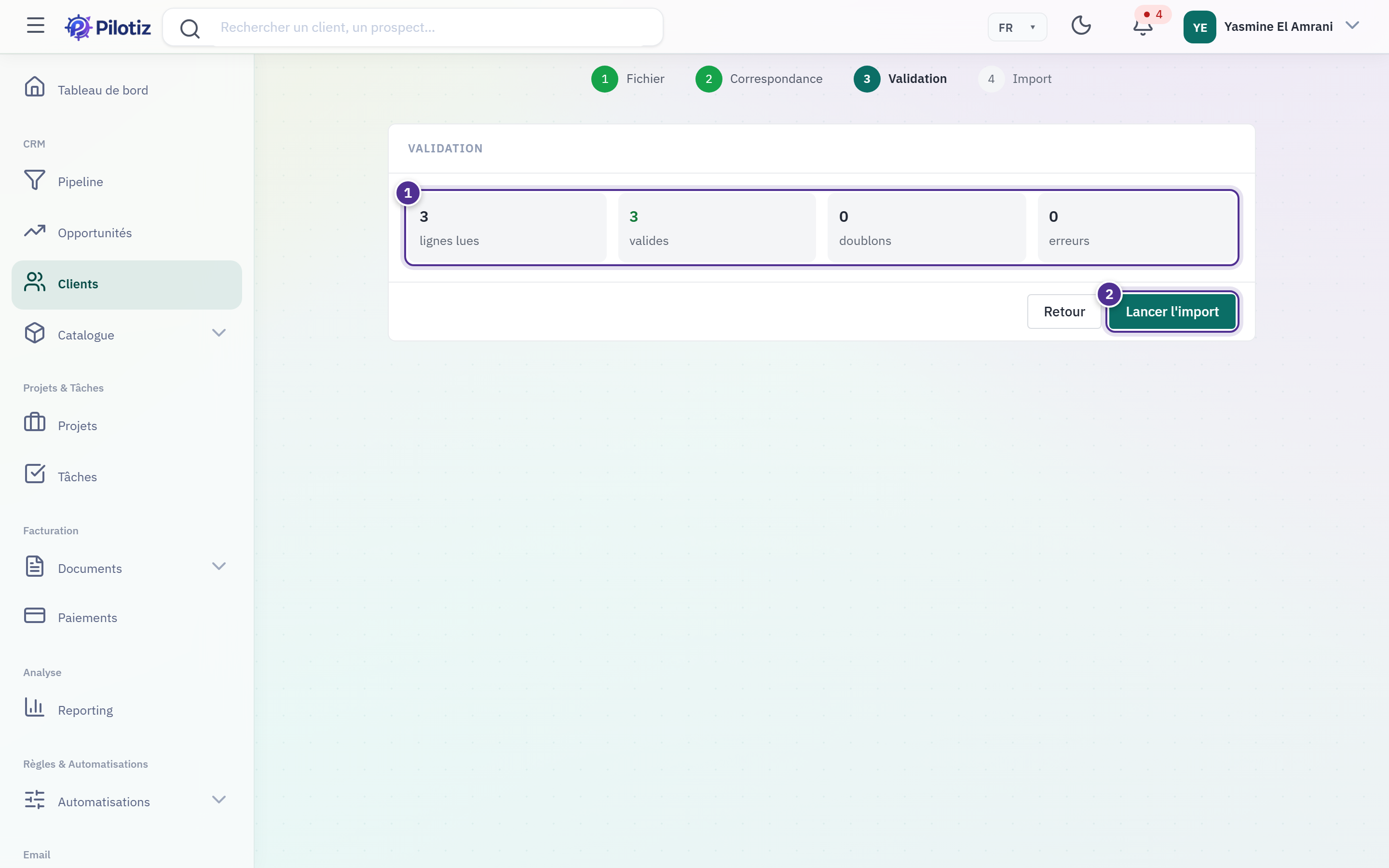 Import — étape 3, la validation