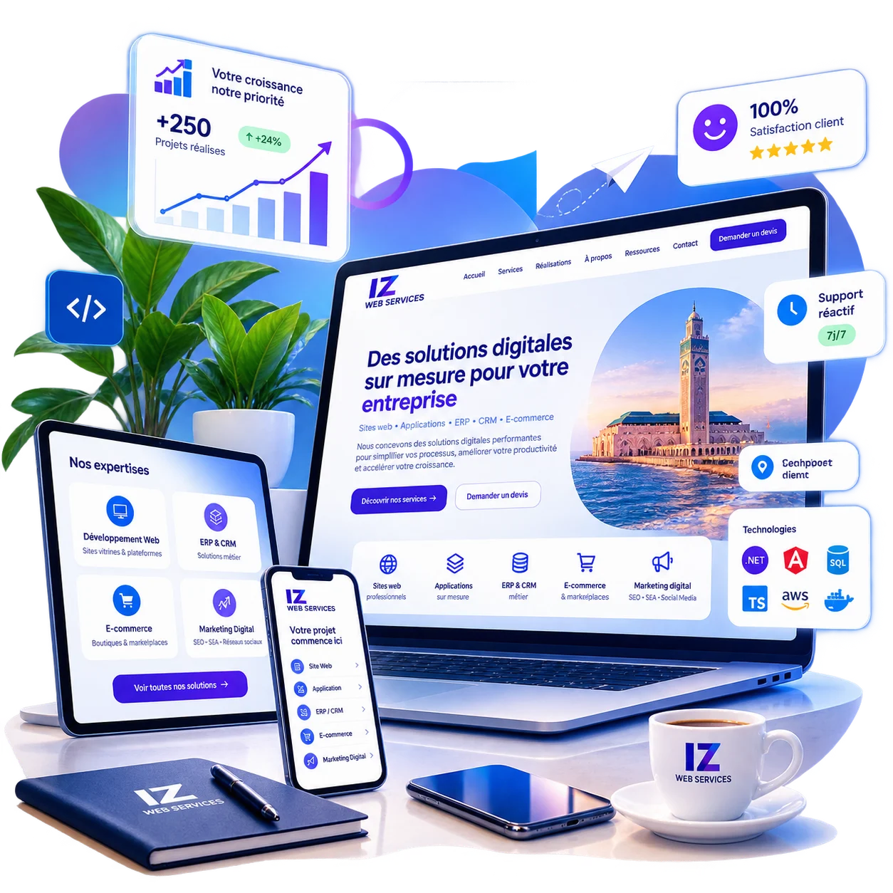 IZ WEB SERVICES interfaces shown on a laptop, tablet and phone